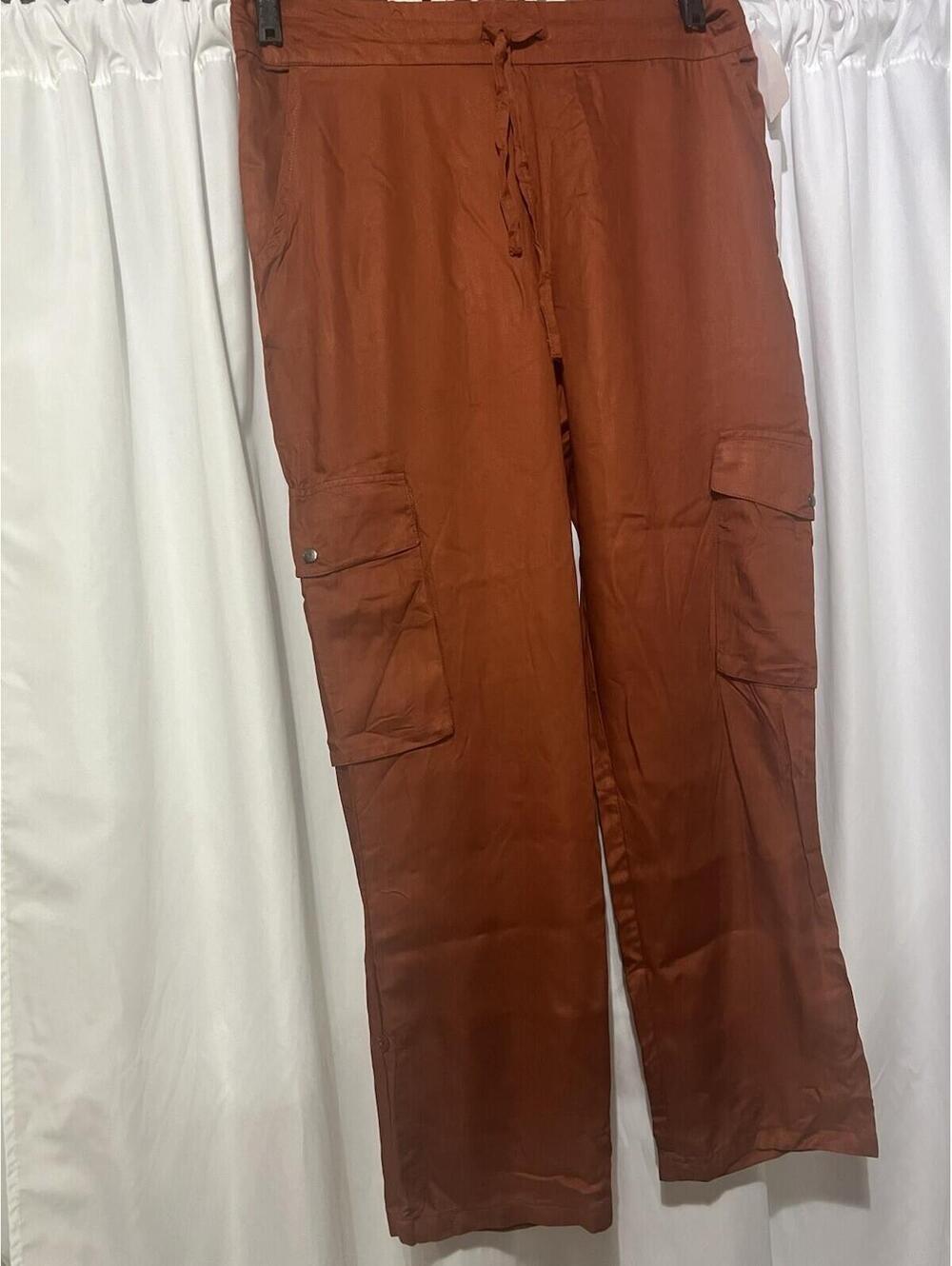 French Laundry cargo pants rayon rust, solid pockets elastic waist women size L